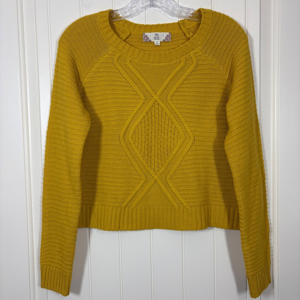 Pink Rose Womens Mustard Yellow Geometric Diamond Cable Knit Cropped Sweater S